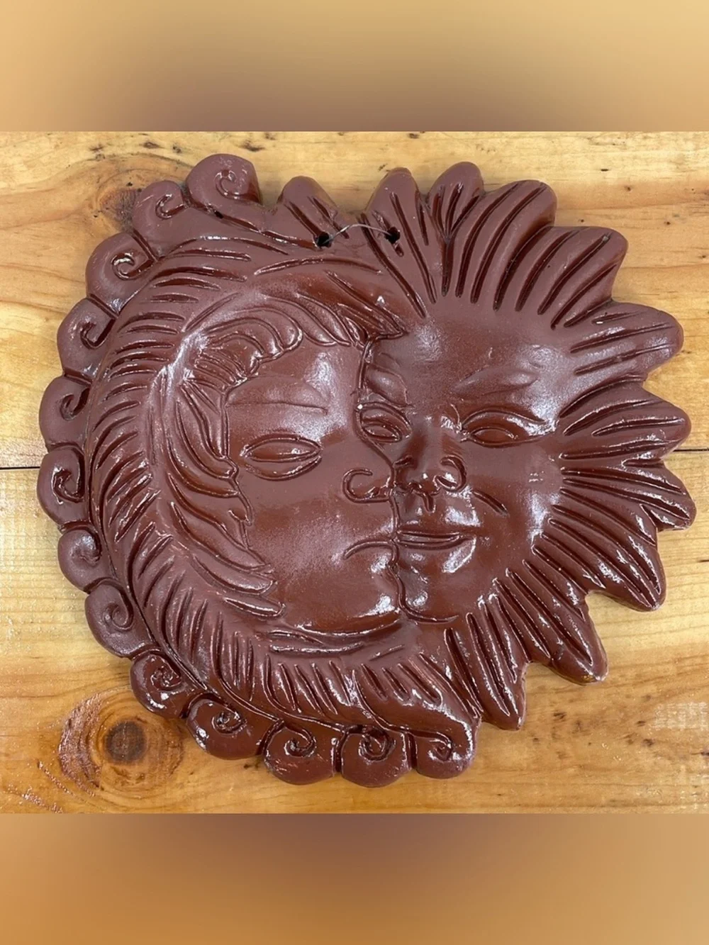 Vintage Celestial Terracotta Sun & Moon Face Wall Plaque 8” Handcrafted Boho